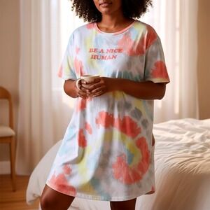 Secret Treasures Be A Nice Human Tie Dye Sleep Shirt Dress Plus 2X-3X Pockets